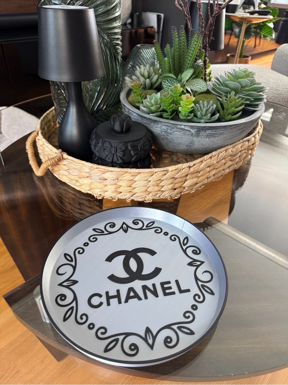 Round Accent Tray in Black and Silver